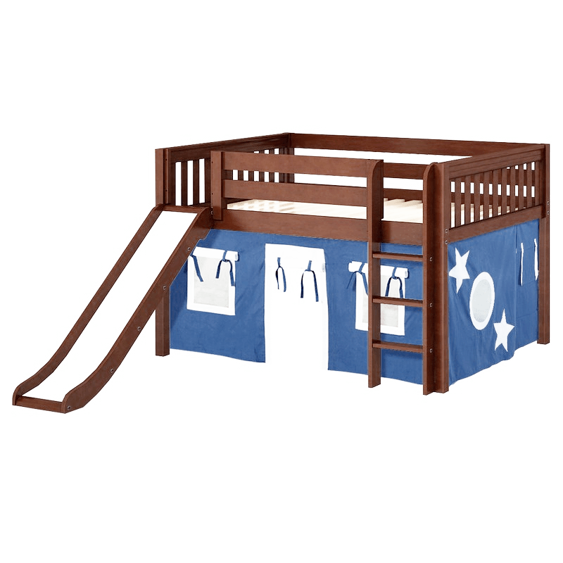 Maxtrix Full Low Loft Bed with Straight Ladder, Curtain + Slide