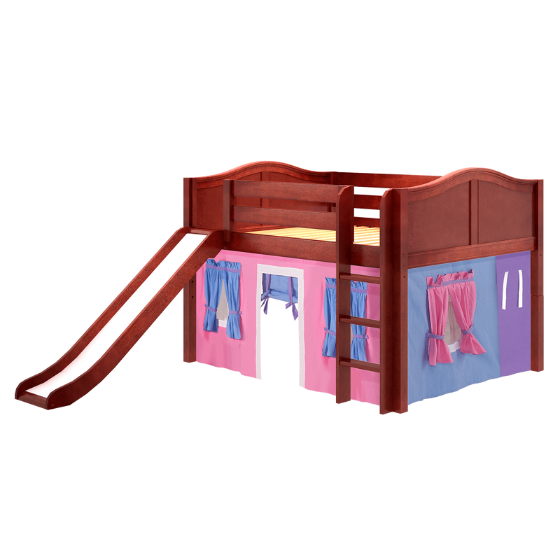 Maxtrix Full Low Loft Bed with Straight Ladder, Curtain + Slide