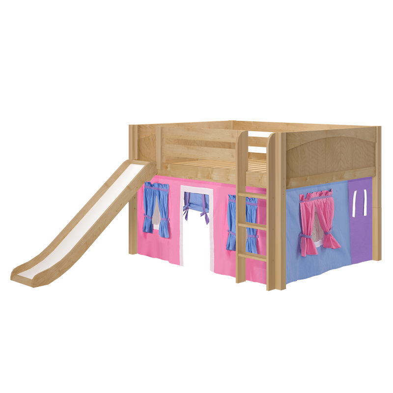 Maxtrix Full Low Loft Bed with Straight Ladder, Curtain + Slide