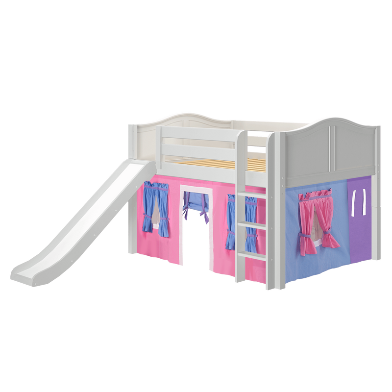 Maxtrix Full Low Loft Bed with Straight Ladder, Curtain + Slide