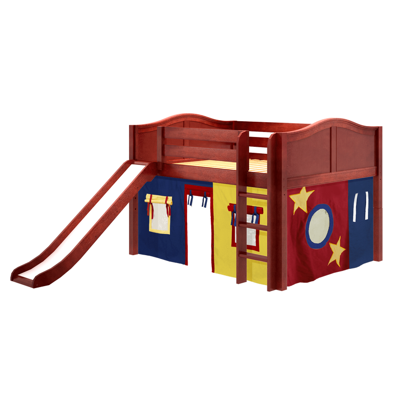 Maxtrix Full Low Loft Bed with Straight Ladder, Curtain + Slide