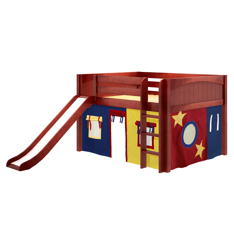 Maxtrix Full Low Loft Bed with Straight Ladder, Curtain + Slide