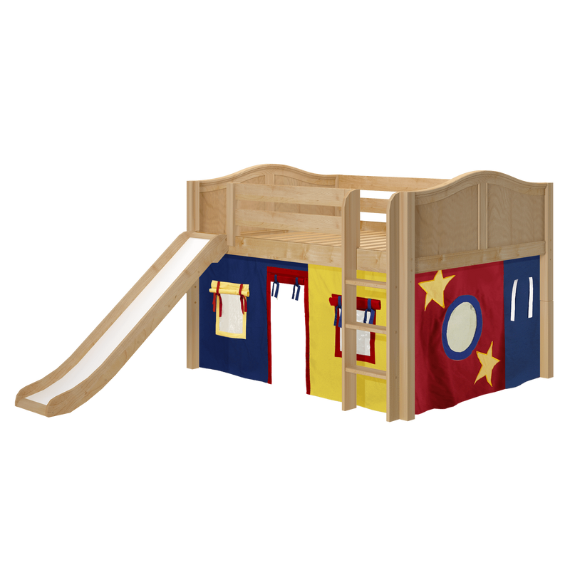 Maxtrix Full Low Loft Bed with Straight Ladder, Curtain + Slide