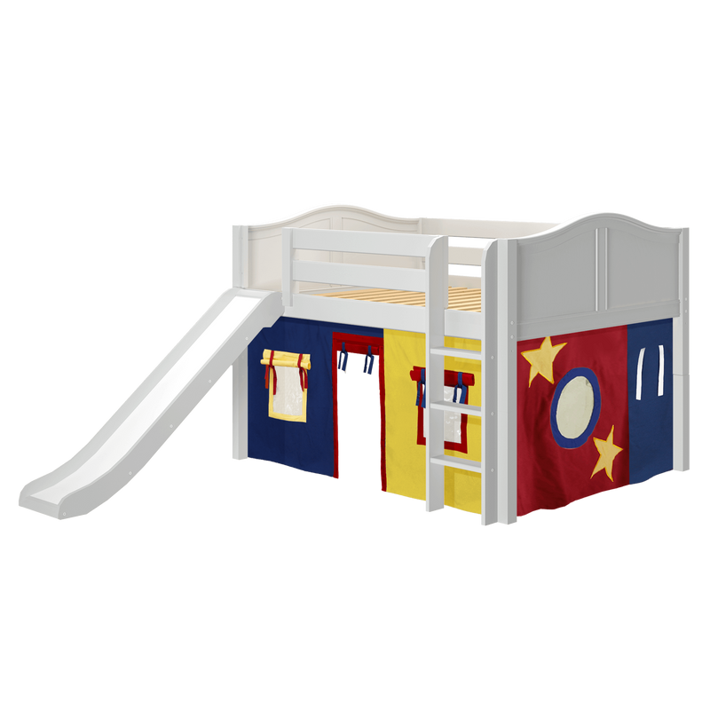 Maxtrix Full Low Loft Bed with Straight Ladder, Curtain + Slide