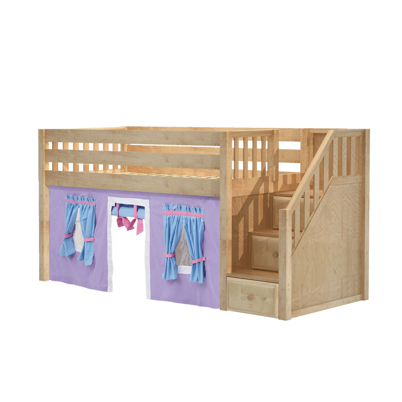 Maxtrix Twin Low Loft Bed with Stairs + Curtain