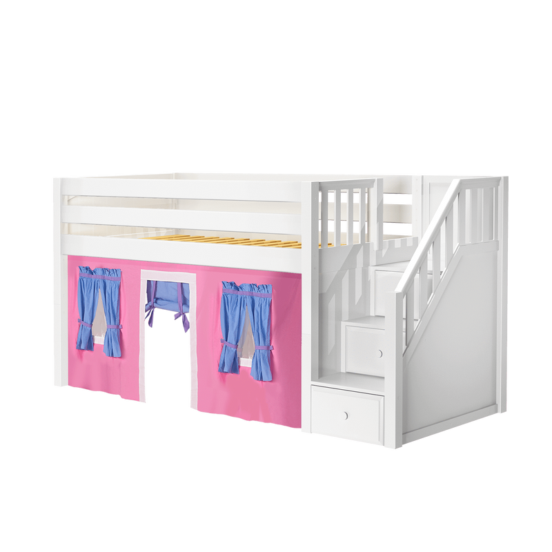 Maxtrix Twin Low Loft Bed with Stairs + Curtain