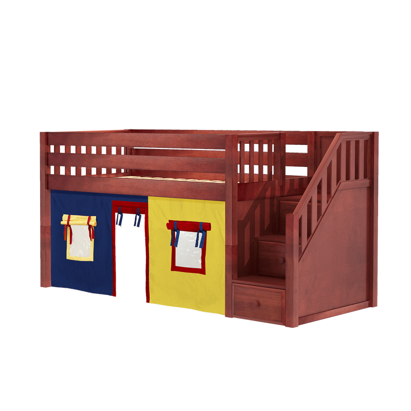 Maxtrix Twin Low Loft Bed with Stairs + Curtain