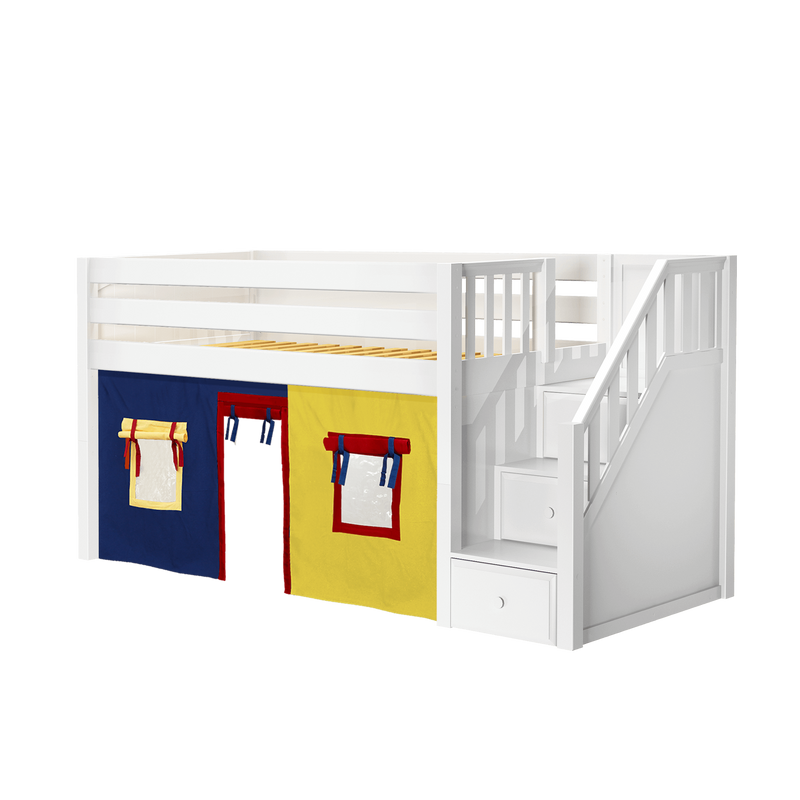 Maxtrix Twin Low Loft Bed with Stairs + Curtain