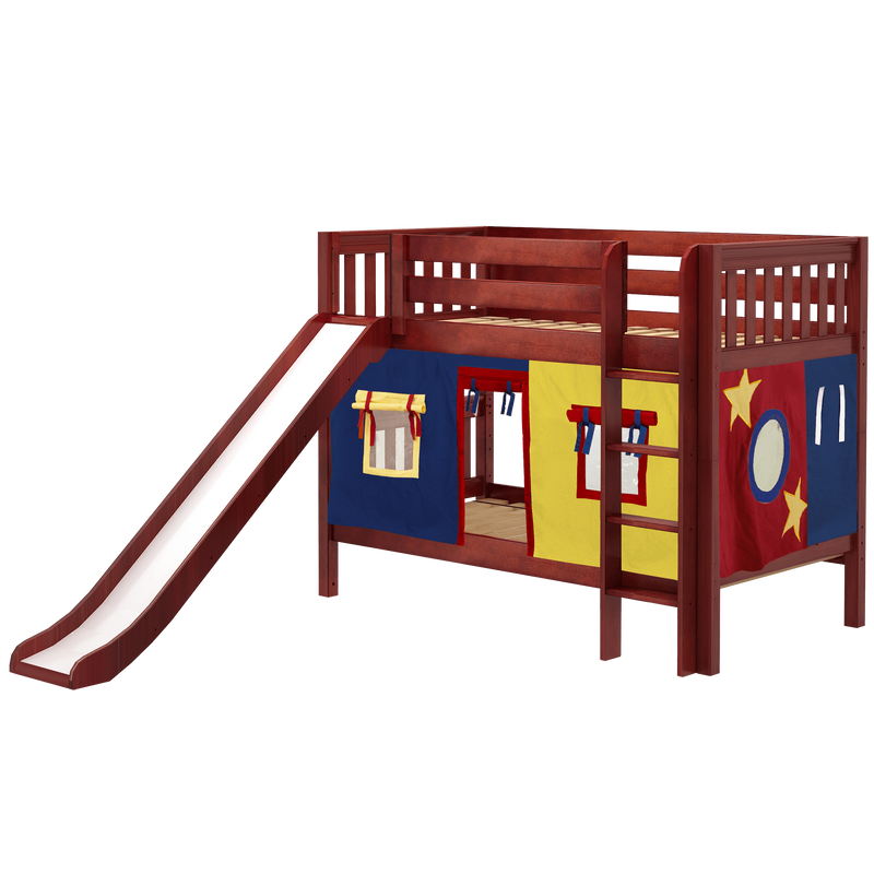 Maxtrix Twin Low Bunk Bed with Straight Ladder, Curtain + Slide