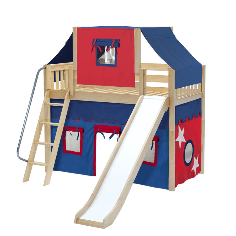 Maxtrix Twin Mid Loft Bed with Angled Ladder, Curtain, Top Tent + Slide