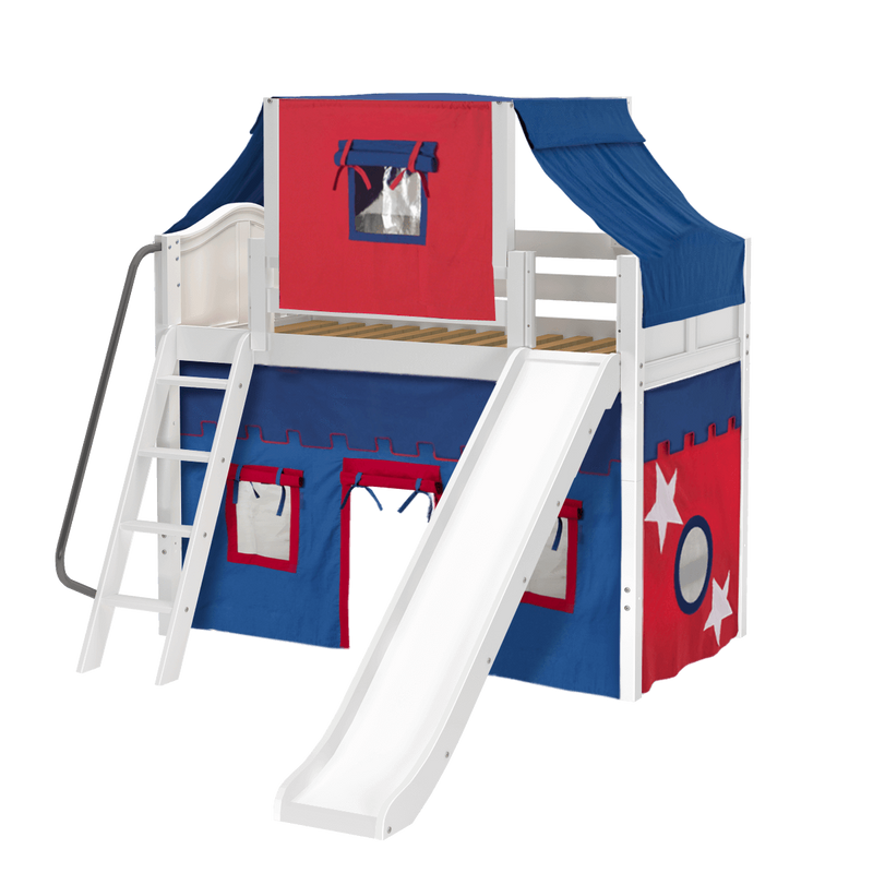 Maxtrix Twin Mid Loft Bed with Angled Ladder, Curtain, Top Tent + Slide