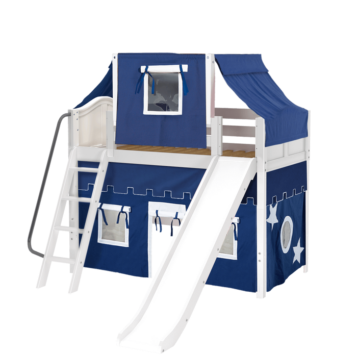 Maxtrix Twin Mid Loft Bed with Angled Ladder, Curtain, Top Tent + Slide