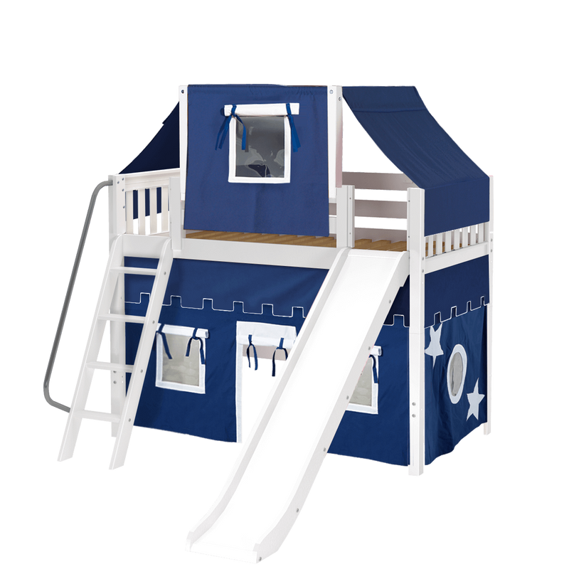 Maxtrix Twin Mid Loft Bed with Angled Ladder, Curtain, Top Tent + Slide
