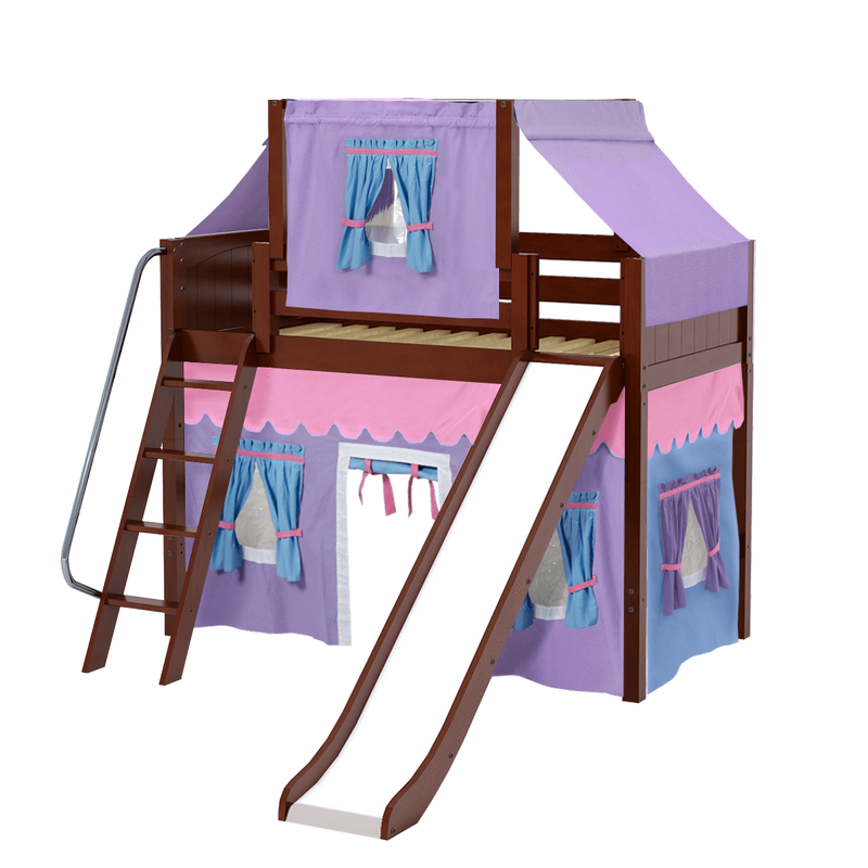 Maxtrix Twin Mid Loft Bed with Angled Ladder, Curtain, Top Tent + Slide