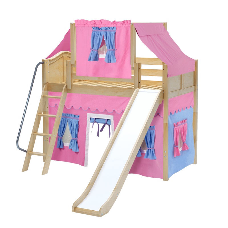 Maxtrix Twin Mid Loft Bed with Angled Ladder, Curtain, Top Tent + Slide