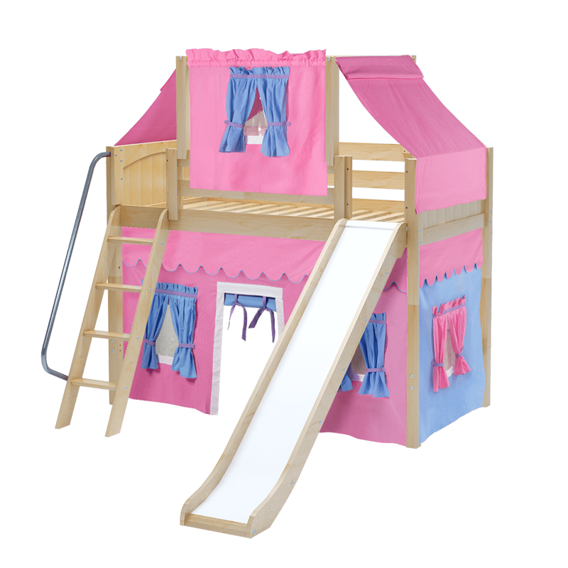 Maxtrix Twin Mid Loft Bed with Angled Ladder, Curtain, Top Tent + Slide