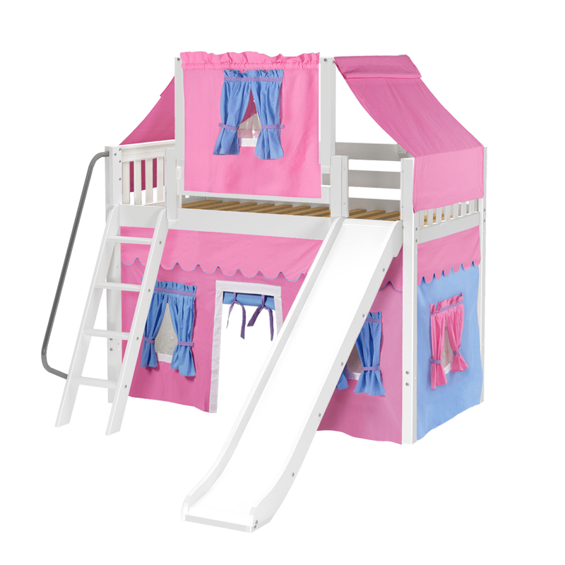 Maxtrix Twin Mid Loft Bed with Angled Ladder, Curtain, Top Tent + Slide