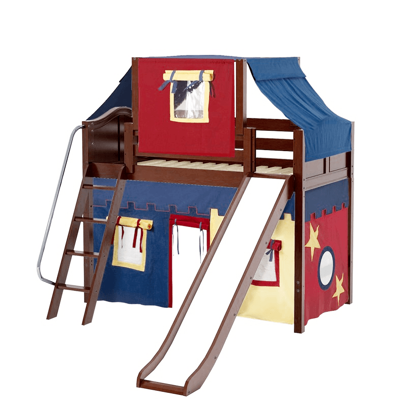 Maxtrix Twin Mid Loft Bed with Angled Ladder, Curtain, Top Tent + Slide
