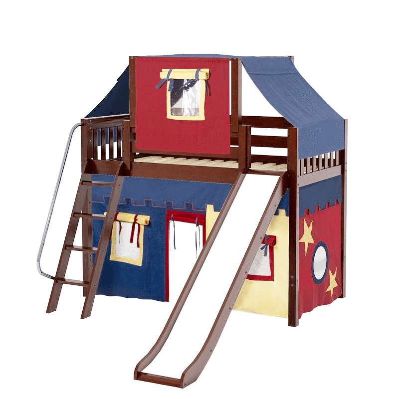 Maxtrix Twin Mid Loft Bed with Angled Ladder, Curtain, Top Tent + Slide