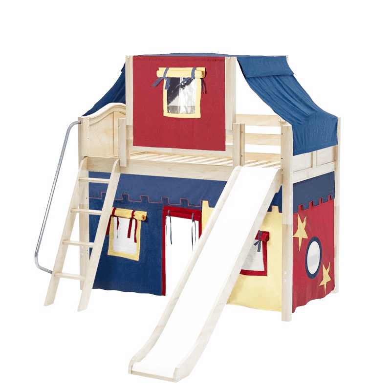 Maxtrix Twin Mid Loft Bed with Angled Ladder, Curtain, Top Tent + Slide