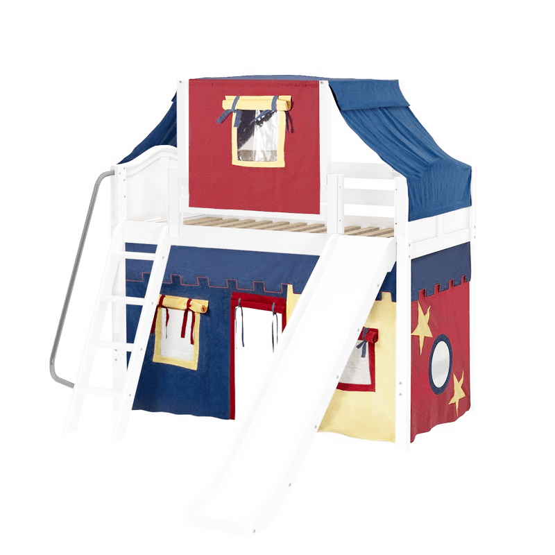 Maxtrix Twin Mid Loft Bed with Angled Ladder, Curtain, Top Tent + Slide