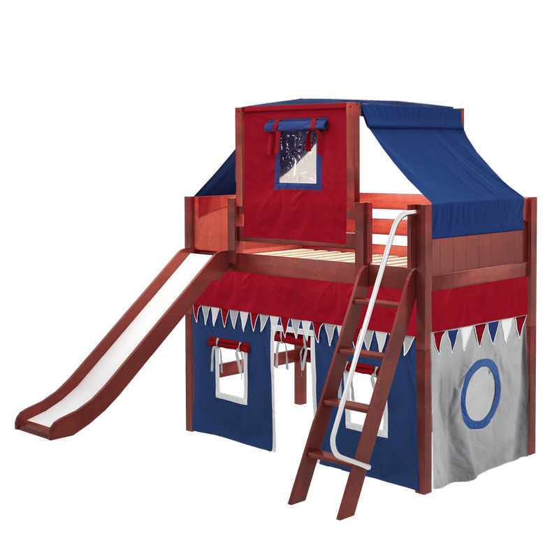 Maxtrix Twin Mid Loft Bed with Angled Ladder, Curtain, Top Tent + Slide