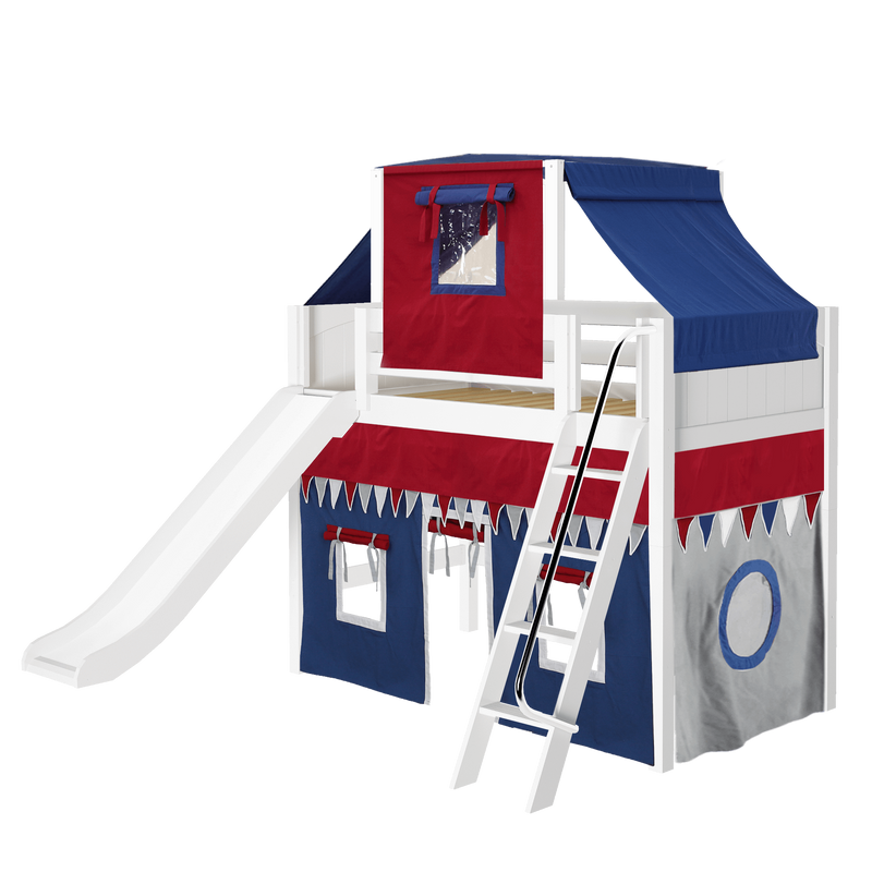 Maxtrix Twin Mid Loft Bed with Angled Ladder, Curtain, Top Tent + Slide