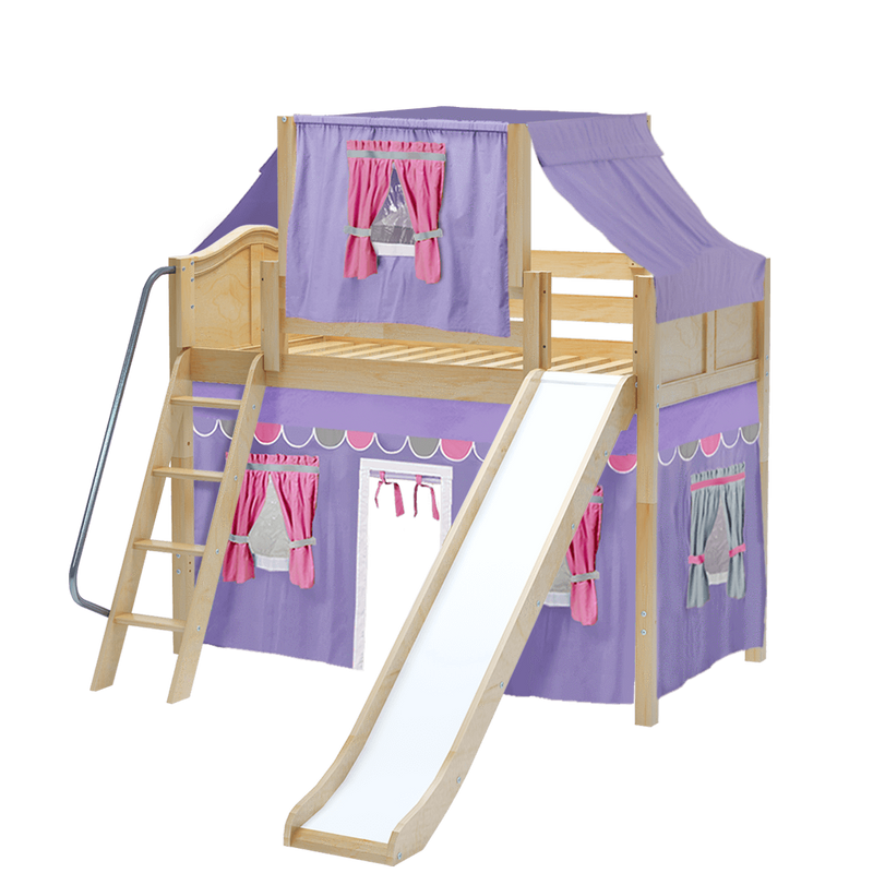 Maxtrix Twin Mid Loft Bed with Angled Ladder, Curtain, Top Tent + Slide
