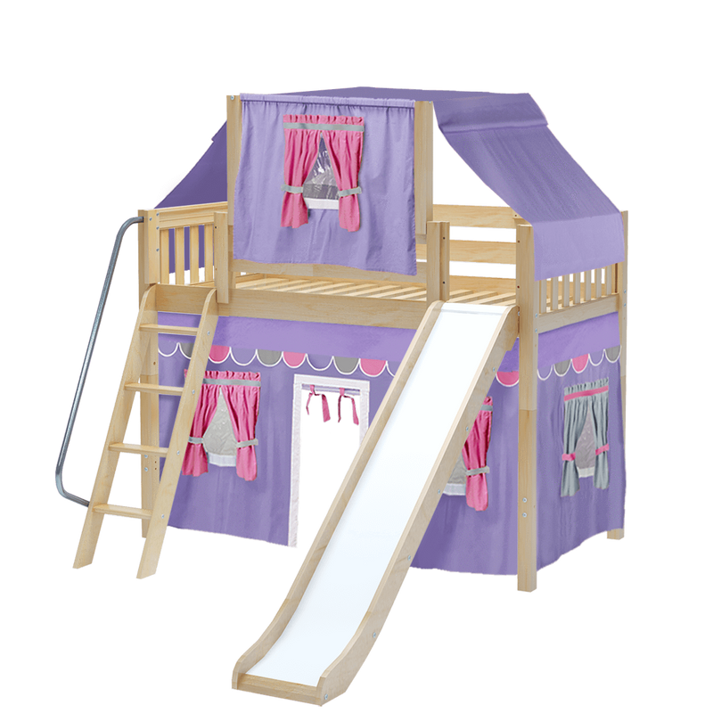 Maxtrix Twin Mid Loft Bed with Angled Ladder, Curtain, Top Tent + Slide
