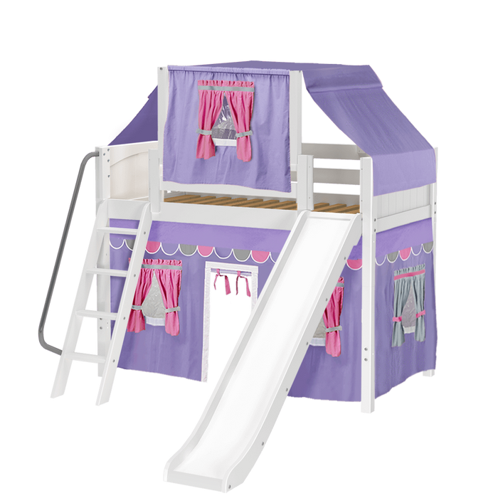 Maxtrix Twin Mid Loft Bed with Angled Ladder, Curtain, Top Tent + Slide