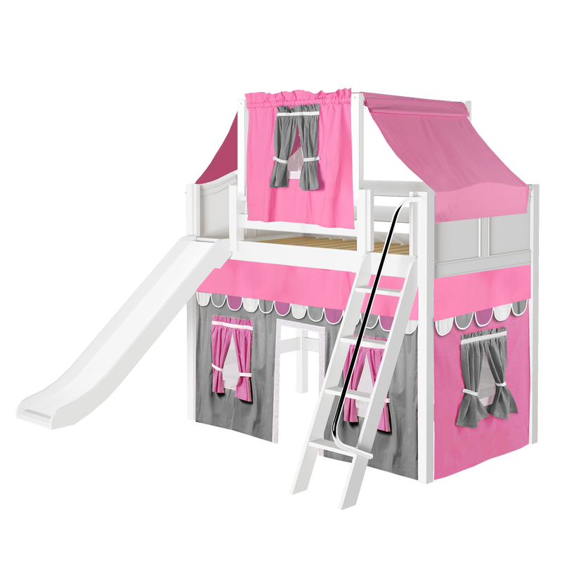 Maxtrix Twin Mid Loft Bed with Angled Ladder, Curtain, Top Tent + Slide