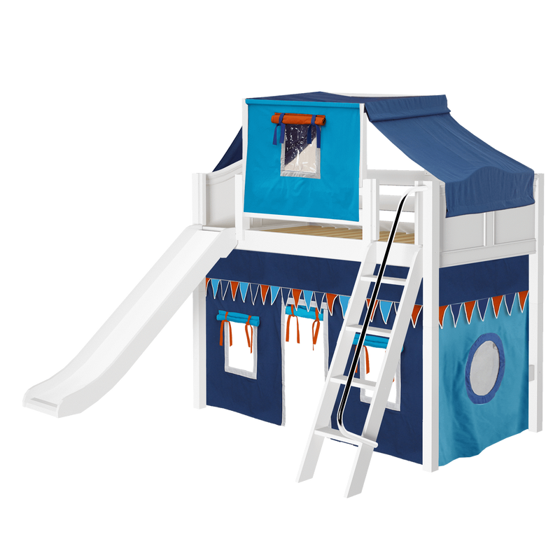 Maxtrix Twin Mid Loft Bed with Angled Ladder, Curtain, Top Tent + Slide