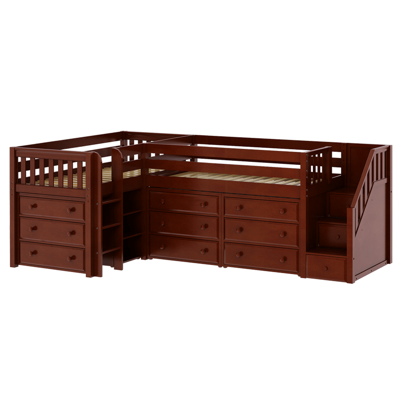 Maxtrix Twin Low Corner Loft Bed with Ladder, Stairs + Storage