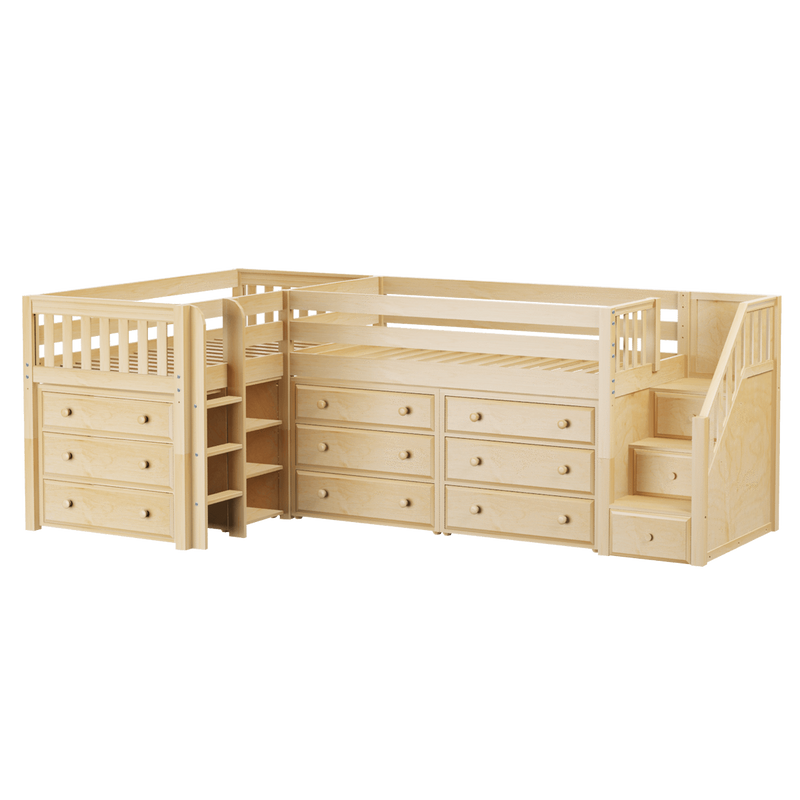 Maxtrix Twin Low Corner Loft Bed with Ladder, Stairs + Storage