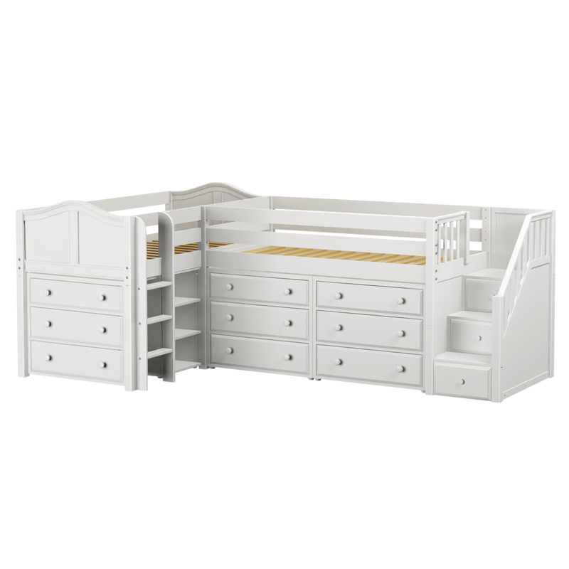 Maxtrix Twin Low Corner Loft Bed with Ladder, Stairs + Storage