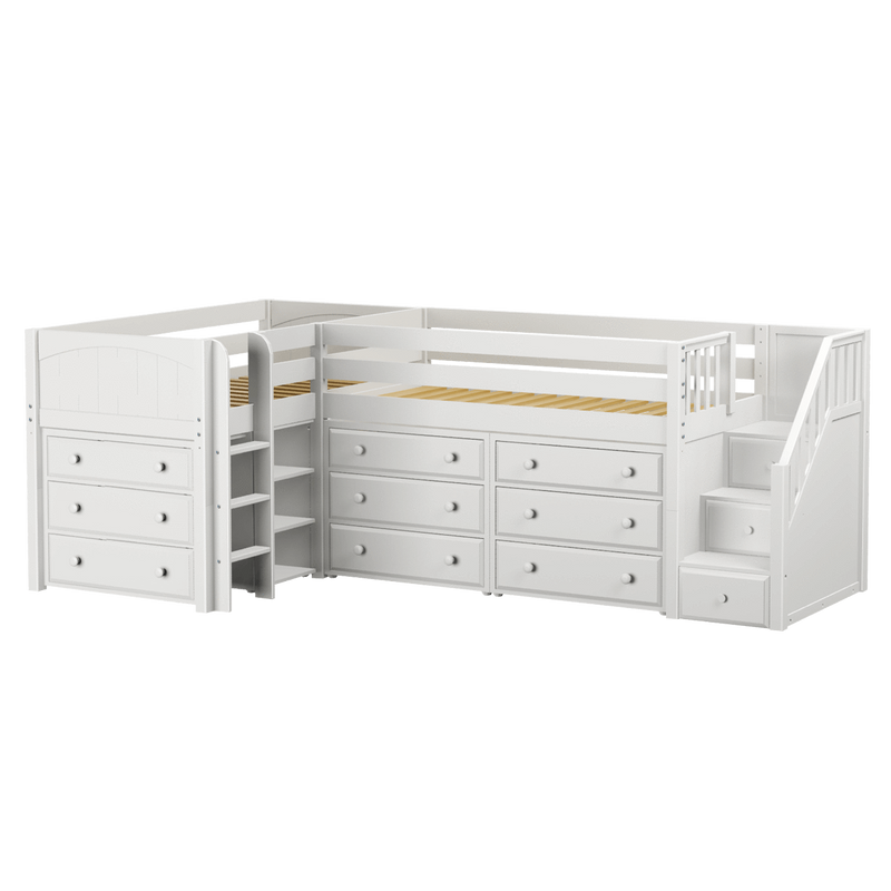 Maxtrix Twin Low Corner Loft Bed with Ladder, Stairs + Storage