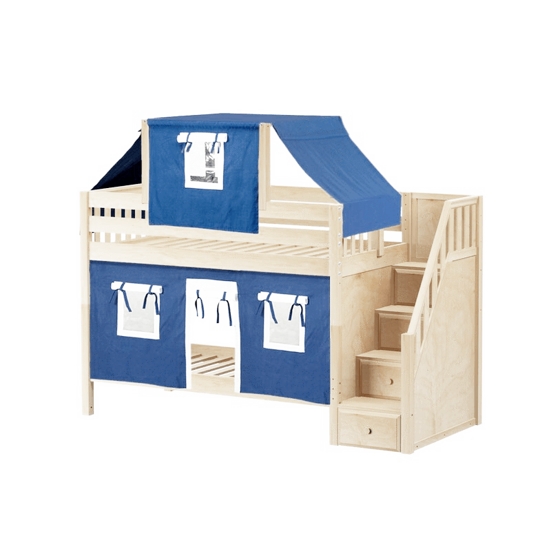 Maxtrix Twin Low Bunk Bed with Stairs, Curtain + Top Tent