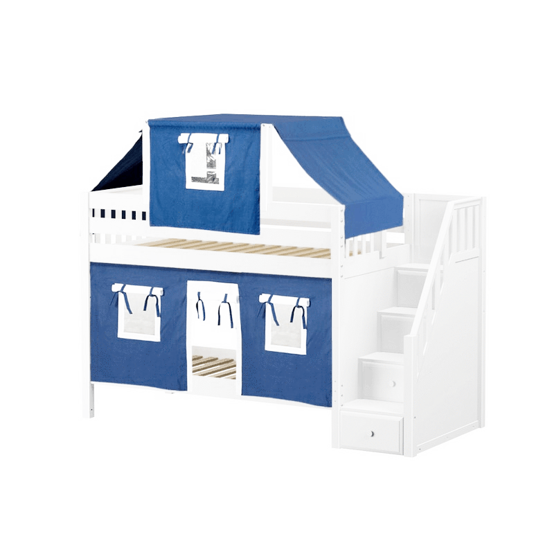 Maxtrix Twin Low Bunk Bed with Stairs, Curtain + Top Tent