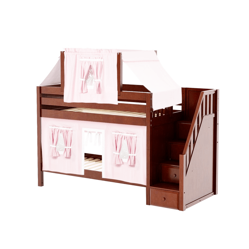 Maxtrix Twin Low Bunk Bed with Stairs, Curtain + Top Tent