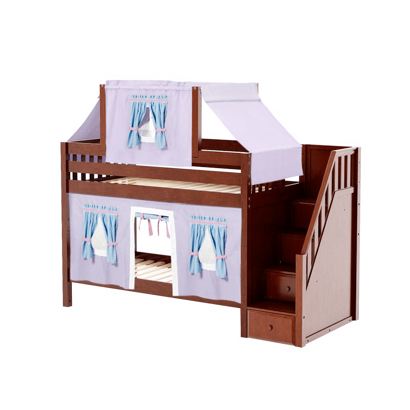 Maxtrix Twin Low Bunk Bed with Stairs, Curtain + Top Tent