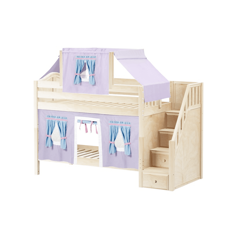 Maxtrix Twin Low Bunk Bed with Stairs, Curtain + Top Tent