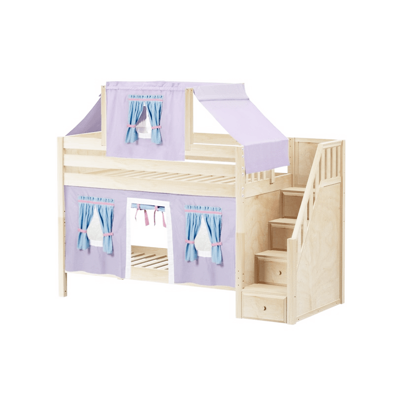 Maxtrix Twin Low Bunk Bed with Stairs, Curtain + Top Tent