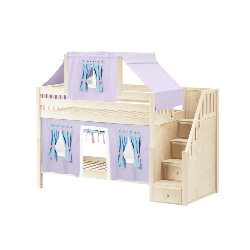 Maxtrix Twin Low Bunk Bed with Stairs, Curtain + Top Tent