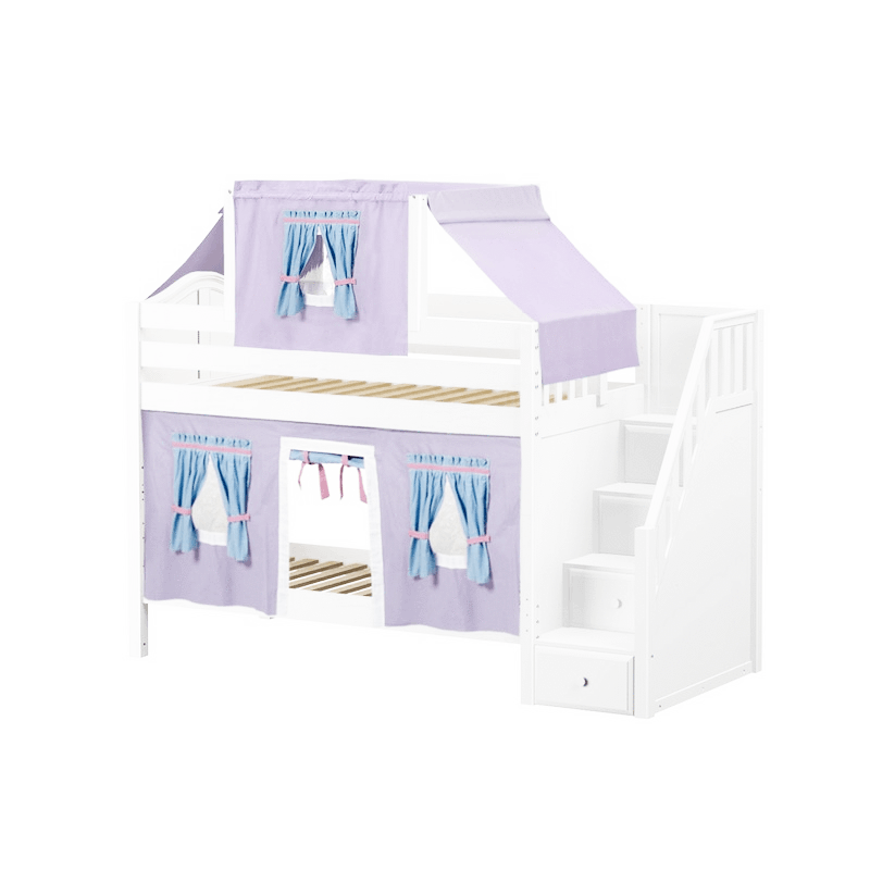 Maxtrix Twin Low Bunk Bed with Stairs, Curtain + Top Tent