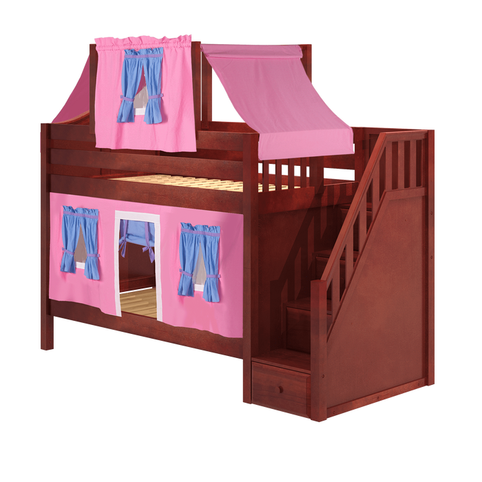 Maxtrix Twin Low Bunk Bed with Stairs, Curtain + Top Tent