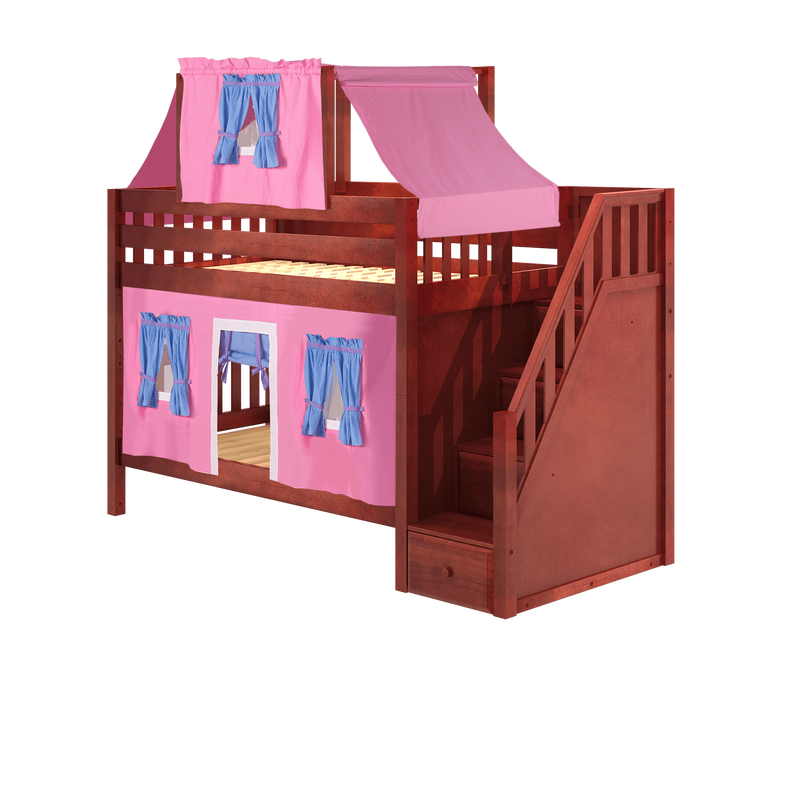 Maxtrix Twin Low Bunk Bed with Stairs, Curtain + Top Tent