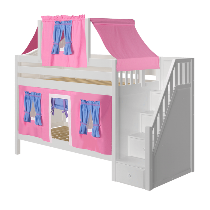 Maxtrix Twin Low Bunk Bed with Stairs, Curtain + Top Tent