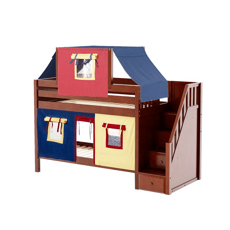 Maxtrix Twin Low Bunk Bed with Stairs, Curtain + Top Tent