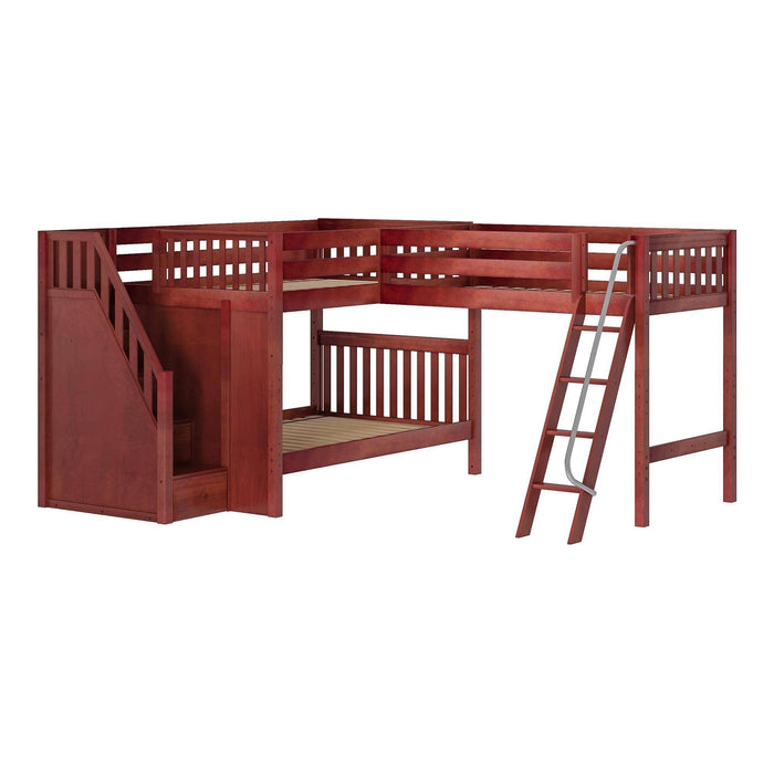 Maxtrix Full Medium Corner Loft Bunk Bed with Ladder + Stairs - L