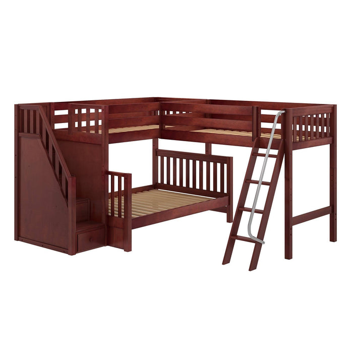 Maxtrix Medium Twin over Full Corner Loft Bunk Bed with Ladder + Stairs (Left)